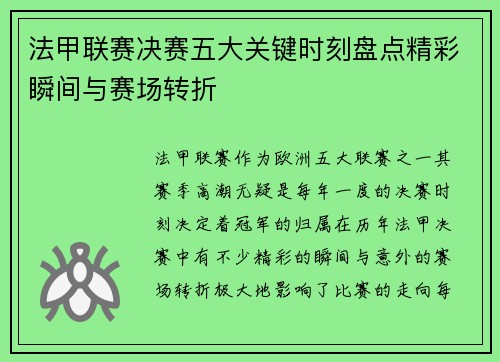 法甲联赛决赛五大关键时刻盘点精彩瞬间与赛场转折 法甲联赛决赛五大关键时刻盘点精彩瞬间与赛场转折